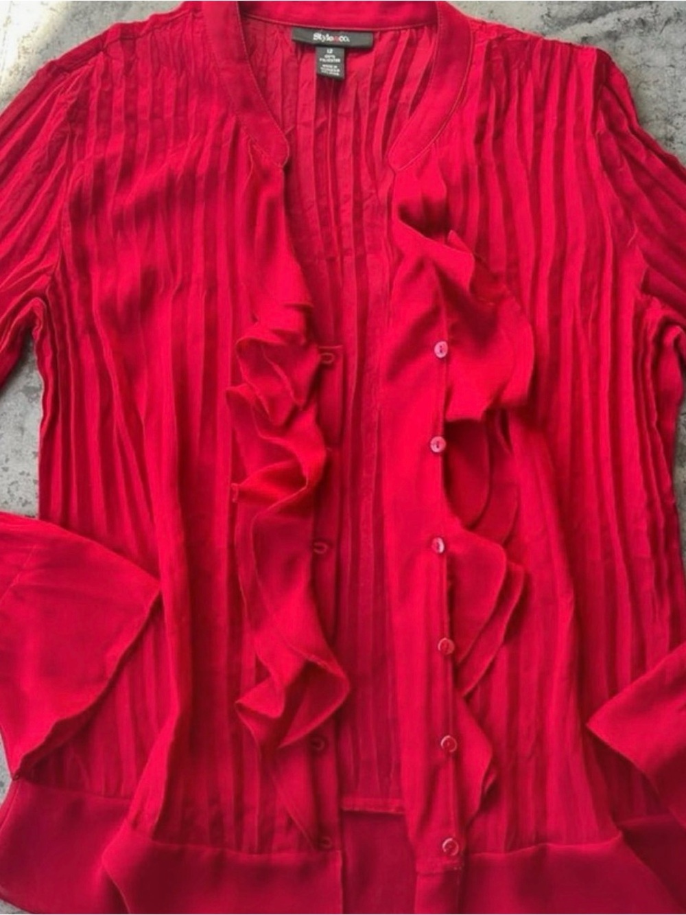 Style & Co. Red Ruffle V-Neck Long Sleeve Blouse - Picture 4 of 9